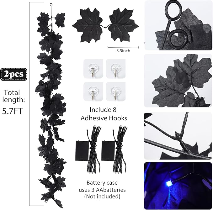 Halloween Garland Decor Indoor Table Decorations Fall Wall Hanging Artificial Black Maple Leaf Vine Decorations for Home (2 Pcs Blue Light, Set with Light)