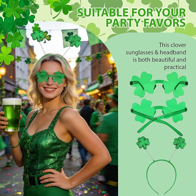 Semato St. Patrick’s Day Headband with Green Clover Sunglasses for St. Patrick’s Day Accessories Shamrock Irish Carnival Party Favors