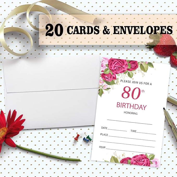 80th Rose Floral Birthday Invitation Cards for Women Men, 80 Years Old Birthday Invites for Adult, Party Supplies Favors, 20 Cards With 20 Envelopes -11