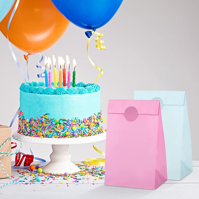 Cooraby 30 Pack Pastel Gift Candy Paper Bags with Stickers 5.1 x 3.1 x 9.4 Inches Snack Sweet Craft Bags for Birthday Wedding Party Anniversaries with 48 Stickers