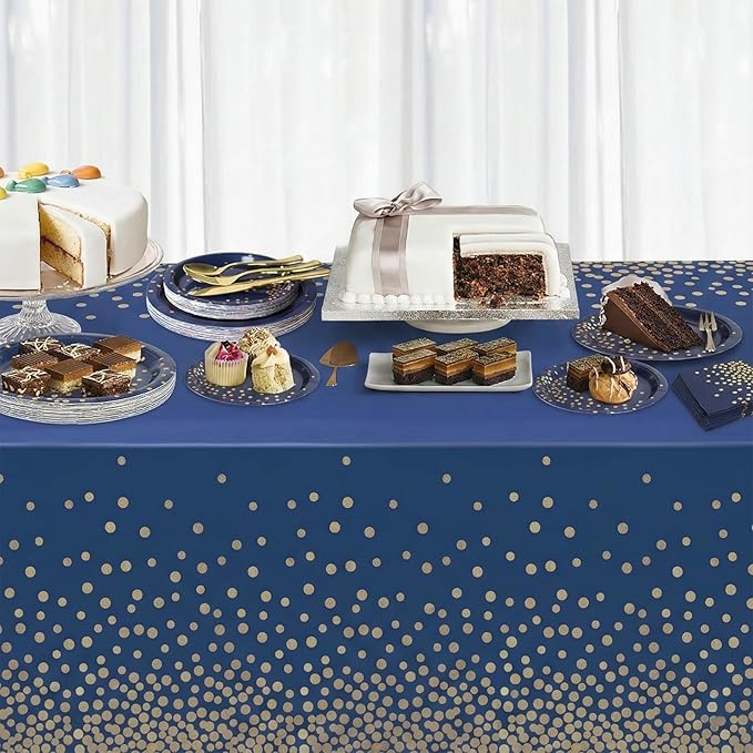 4 Pieces Navy Blue Rectangular Tablecloths Plastic，Plastic Table Cloth Disposable Blue and Gold, for Covers Anniversary, Wedding, Fine Dining, Graduation Party Decoration,