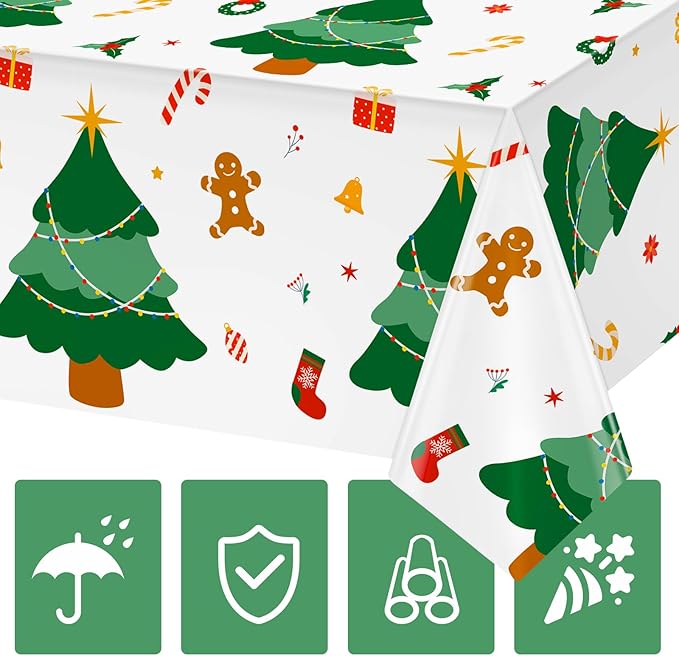 Hxezoc Disposable Plastic Christmas Tree Tablecloth, 54 x 108 Inches Christmas Party Table Cover for Xmas Winter Holiday New Year Home Dinner Decorations