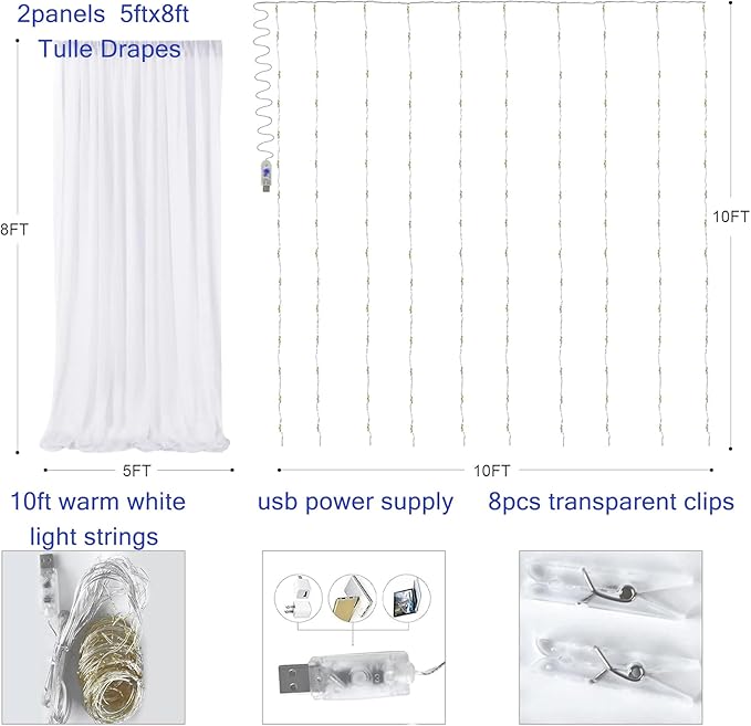 White Tulle Backdrop Curtain with Lights, Elegant Sheer Photo Backdrop Drapes, Soft Fabric Curtain for Weddings Brithday Parties Photography Background Decor, 10ftx8ft