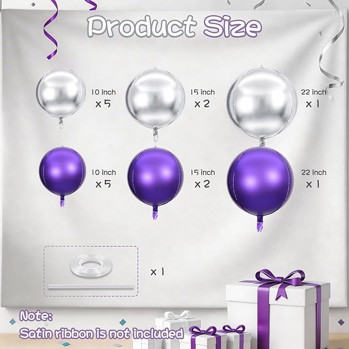 Togvu Purple Silver Round Foil Balloons, 16PCS Different Sizes 4D Metallic Balloon Large Sphere Mirror Ball Balloons for Prom Graduation New Year Birthday Party Ceiling Decorations Supplies