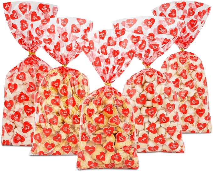 Valentines Treat Bags, 100 PCS Valentines Goodie Bags, Valentines Day Plastic Goodie Candy Goody Cookie Favor Ziplock Cellophane Treat Bags for Classroom Party Small Mini Valentines Gift Bags Bulk