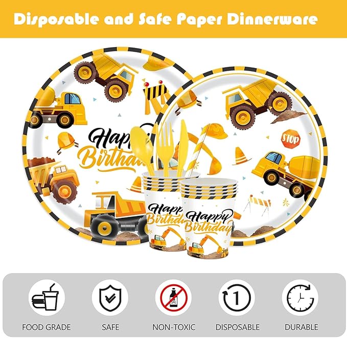 194Pcs Construction Plates Birthday Party Supplies Decorations Serve 24 | Includes Napkins Cups Tablecloth and Banner | Boys Construction Themed Birthday Party