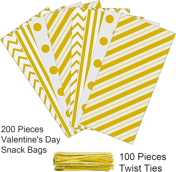 Aneco 100 Pack Gold Cellophane Bags 10.6 x 5.1 Inch Plastic Candy Bags Gift Bag Goodie Bag with Twist Ties for Valentine, Birthday, Gift Cookie Snack Packing Party Favor Supplies