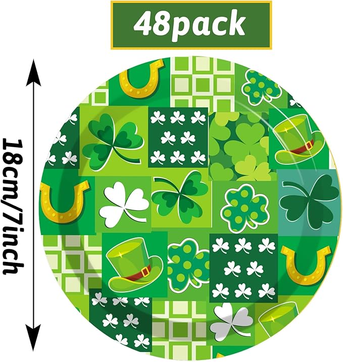 Wiooffen 48 Pcs St. Patrick's Day Paper Plates - Irish Shamrock Disposable Dessert Plates for Party Favors and Table Decor