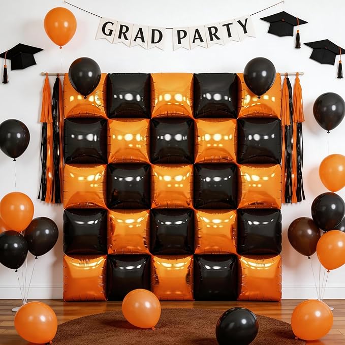 Black Orange Square Foil Balloon Wall,25Pcs Double Sided Foil Balloons Backdrop Helium Polyester Tunnel Arch Garland Kit for Birthday Graduations Anniversary Baby Shower Party Decorations