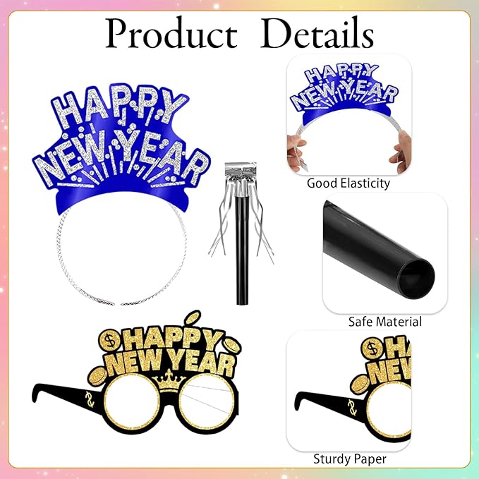 Openfly 24Pcs New Years Eve Party Supplies 2026 Happy New Years Party Headband Hats New Year Glasses New Year Noise Makers