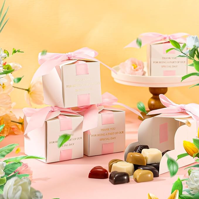 Marspark 50 Pcs Wedding Favor Boxes, 2.5 x 2.5 x 2.5 Inch Wedding Party Candy Boxes with Ribbons Bridal Gift for Guests Bridal Shower Birthday Party Anniversary Supplies(Pink)