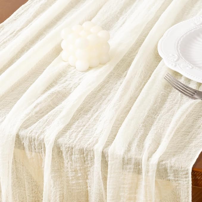 Socomi 3pcs Ivory White Cheesecloth Table Runner Valentine's Day Gauze 120 Inch Rustic Boho Cheese Cloth Runner for Wedding Party Baby Bridal Shower Centerpiece Decoration Holiday Home Decorations