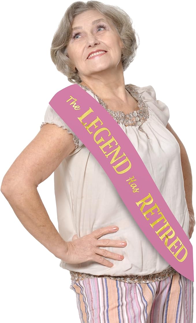 The Legend Has Retired Sash – Elegant Pink and Gold Foil Legendary Sash for Both Women and Men & a Large Gold Safety Pin. Perfect for Retirement Parties by JPACO