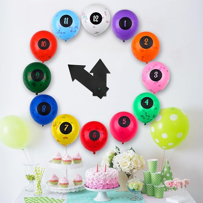 14 Pcs New Year Eve Party Decor Kit Wall Clock Countdown Balloons Set with Confetti Inside, Multicolor Numbers a Full Countdown Celebration Picture Ready Wall for Year End Decor Celebration
