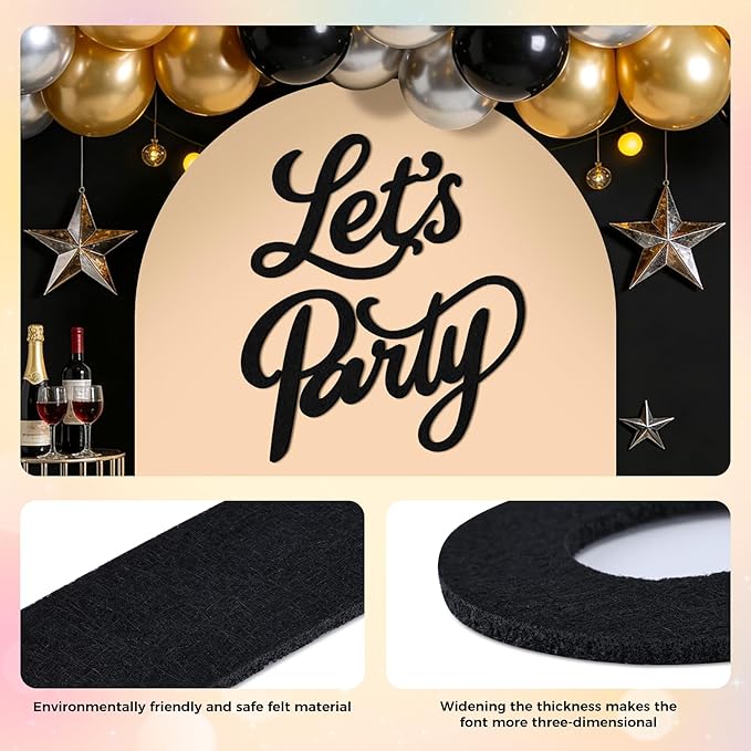 Babenest Let's Party Felt Sign, Black Reusable Letter Banner for Backdrop, Balloon Arch Decor, Party Supplies for Graduation, Birthday, Wedding, Bachelorette, Christmas, Home Bar, Man Cave Wall Decorations
