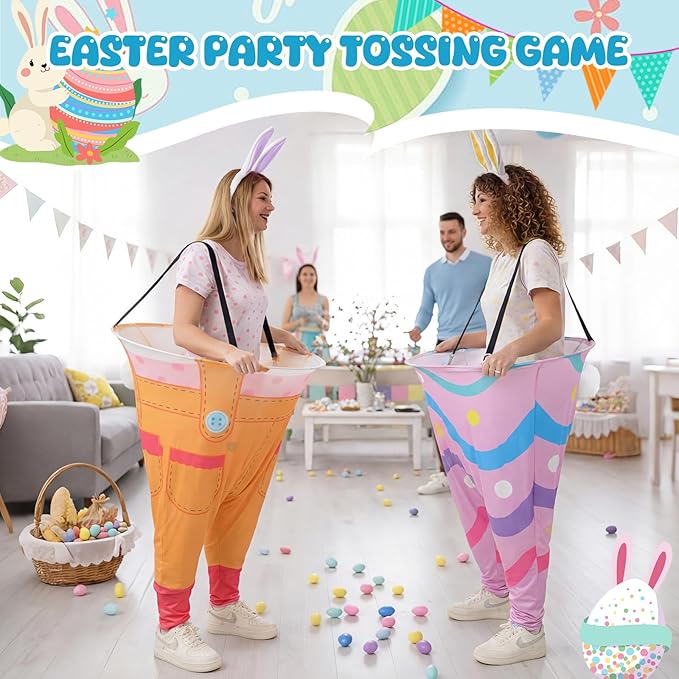 2 Sets Easter Granny Pants Outdoor Games, Giant Granny Cute Pants with Egg Balls & Bunny Ear Headbands, Funny Spring Yard Tossing Game for Adults Family Party Gathering (Bright Style)