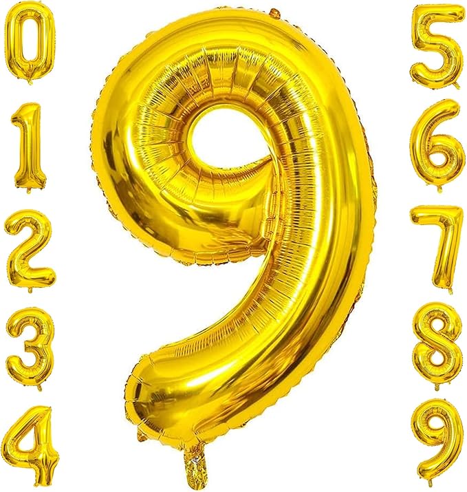 Gold Number 9 Balloon, 40 Inch Large Number Foil Mylar Balloons for 9th Girl Boy Birthday Party Celebration Decorations Supplies, Digital Balloons for Wedding Anniversary Events Decor