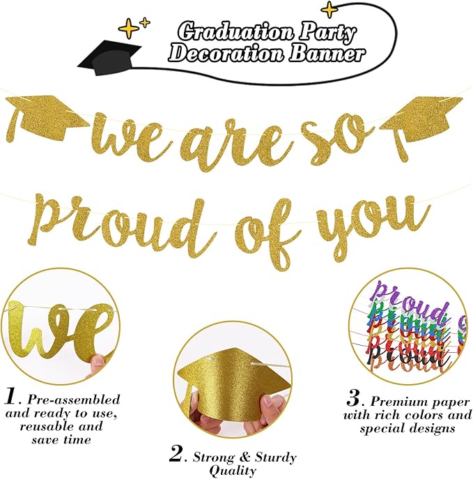 2026 Graduation Decorations Pre-Strung Blingbling We Are So Proud of You Banner Glitter Graduation Garland for Class of 2026 High School College Grad Party (Golden)