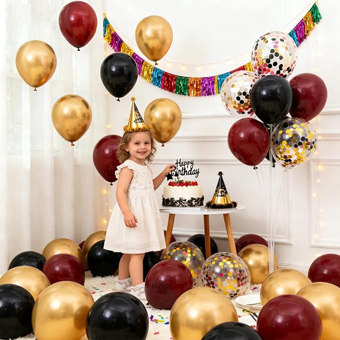 Patimate Burgundy Black Gold Balloons Set, 50Pcs 12 Inch Maroon Black Metallic Gold Latex Balloon Confetti Balloon for Graduation Birthday Baby Shower Wedding Party Decorations