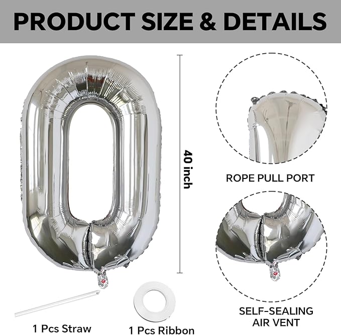 KALOR 40 Inch Silver Letter O Balloons Jumbo Foil Mylar Helium Big Balloons for Birthday Party Anniversary Baby Shower Supplies