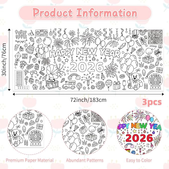 New Years Coloring Tablecloth/Poster, 3 PCS New Years Decorations 2026, 72" X 30" Giant Paper Coloring Banner for Kids Crafts Activities Party Decorations, Fun DIY Art 2026 Year Eve Party Supplies
