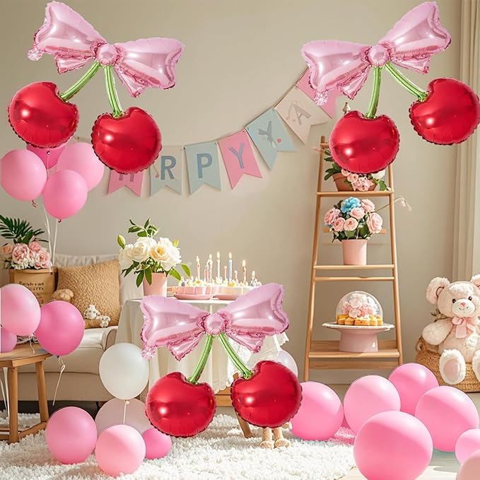 4Pcs Pink Bow Red Cherry Balloons for She's The Cherry On Top Party Foil Balloons Berry First Birthday Decorations Fruit Theme Baby Shower Bridal Wedding Party Supplies