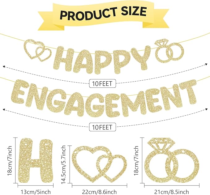 Pre-Strung Engagement Party Decorations,Glitter Happy Engagement Banner,Engaged Banner Congratulations Wedding for Bachelorette Party Shower Signs Decor（ Champagne Gold ）