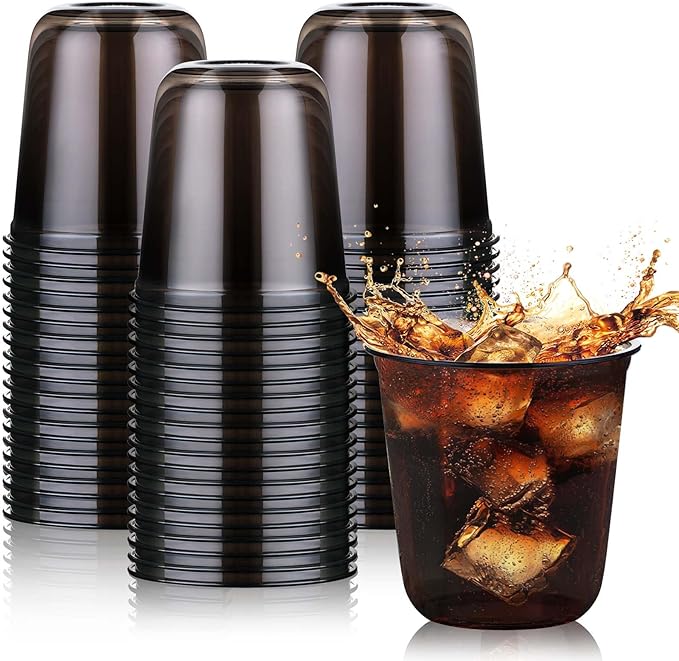 KesaPlan 50 Pcs Black Plastic Cups, 12oz Disposable Stemless Wine Glasses for Cocktail Cute Clear Cocktail Wine Glasses Black Party Cups for Meeting Wedding Halloween Holiday Party