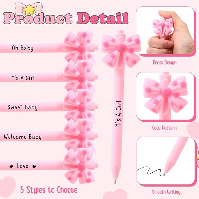 50 Set Baby Shower Party Gift Pen Favors for Guests Include 50 Pink Blue Bow Ballpoint Pens 50 Baby Shower Thank You Cards with Opp Bags for Gender Reveal Party Prizes Souvenirs(Girl)