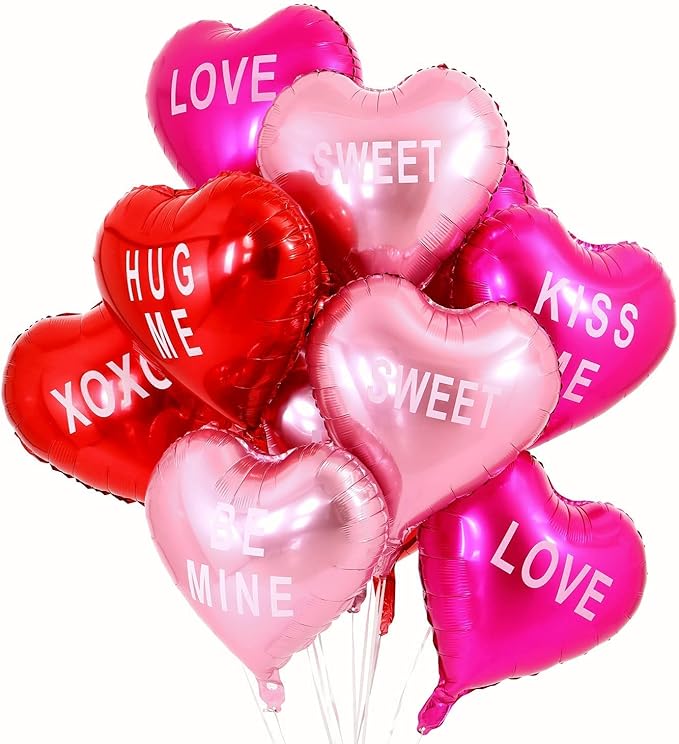 12 pcs Heart Balloons,18" Foil Love Balloons Mylar Balloons, XOXO LOVE SWEET BE MINE heart balloons Valentines Day Decorations Balloons for Propose,Wedding Décor Backdrop & Party Supplies (TEXT HEART)