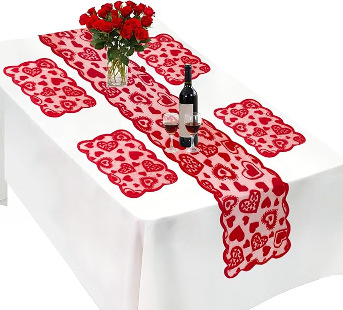 5Pack Valentines Day Decorations Valentine's Day Table Runner Red Heart Lace Table Runner for Valentines Day Decor Anniversary Engagement Wedding Home Table Romantic Decorations 13x72