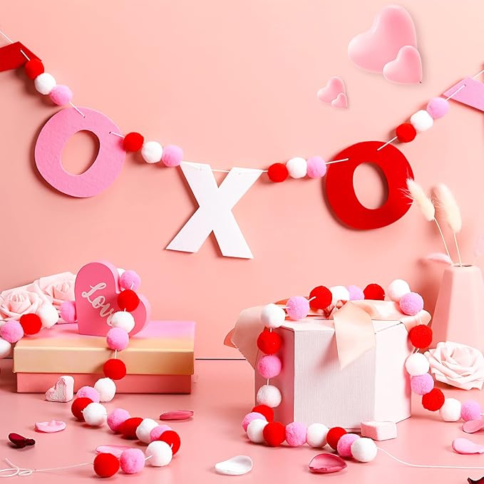 Breling 3 Pieces Valentine's Day Garland Felt Ball Garland, 10ft Pompom Valentines Decorations Banner for Mantle Fireplace Room Valentine Hanging Decor (Pink, XOXO)