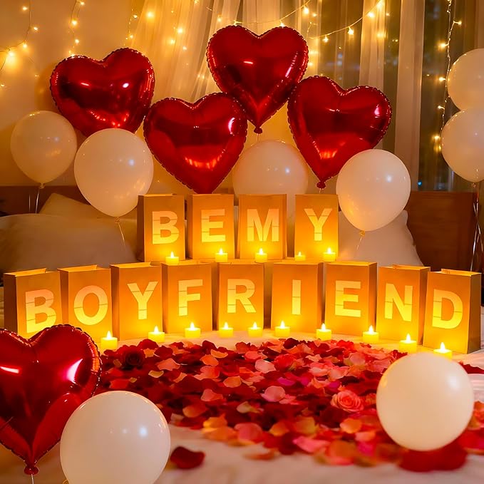Be My Boyfriend Light Up Letters, Include Light up Letters, with Tea Lights Candles, Latex Balloons, Aluminum Balloons and Rose Petals, Anniversary and Valentines' Day Decorations for Women