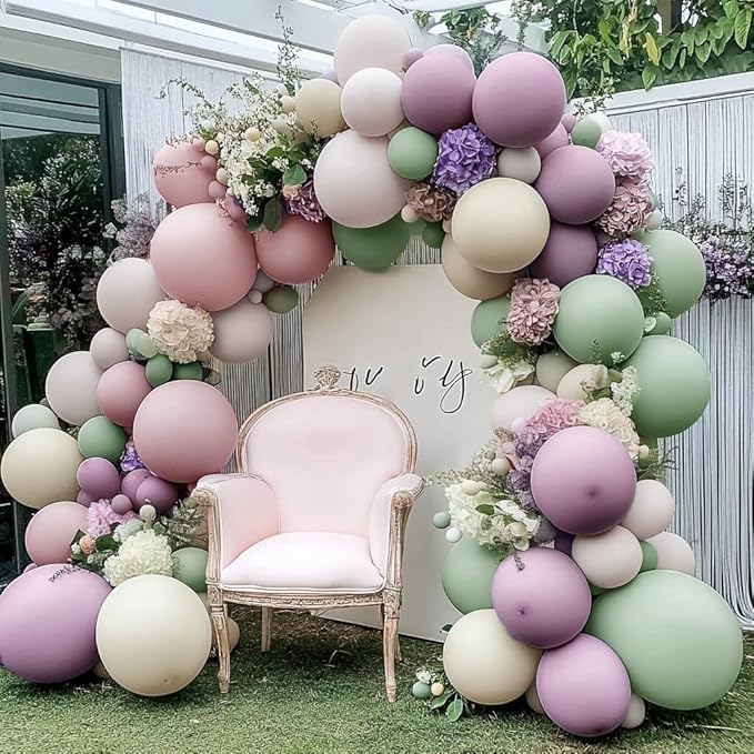 Dusty Green Purple Balloon Garland Double Stuffed Pastel Green Lavender Pink White Sand Balloon Arch Kit Light Lilac Cream Balloons for Baby Shower Easter Birthday Wedding Wildflower Fairy Party Decor