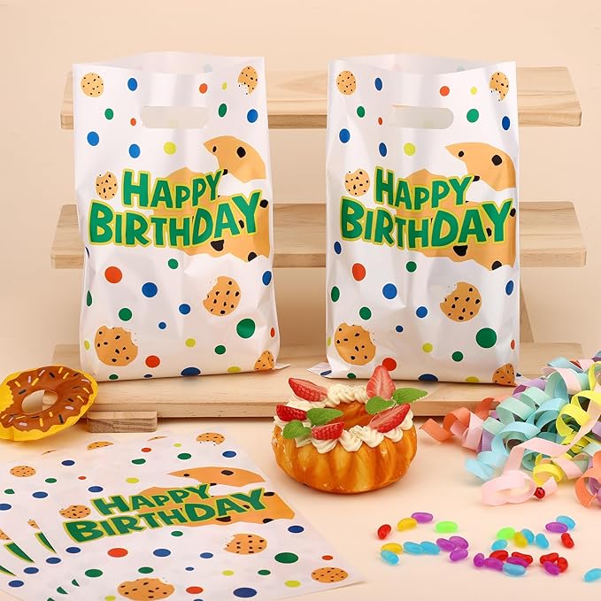 50pcs Cookies Gift Bags, Colorful Happy Birthday Goodie Bags for Party Favors Cartoon Theme Birthday Decorations for Boys Girls Celebrations Party Supplies