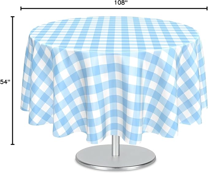 Mulbozy 2 Pcs Light Blue Gingham Round Tablecloth, 84 inches Disposable Plastic Light Blue and White Checkered Circle Table Covers for Baby Shower Wedding Bridal Shower Birthday Party Decorations
