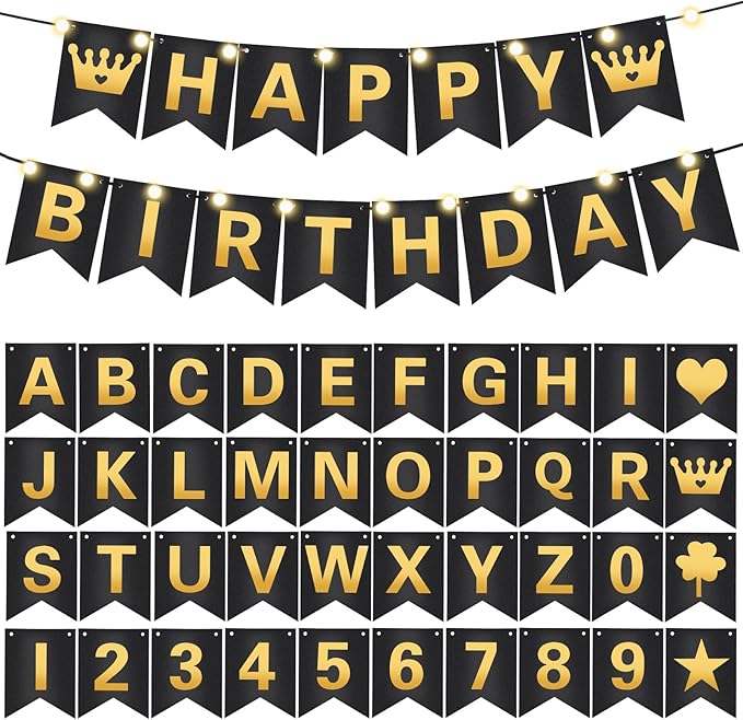 TaoBary 135 Pcs DIY Banner Custom Letters Kit Make Your Own Banner for Birthday Graduation Party Decor Include 107 Letters and Numbers, 16 Symbols, 2 String Lights, 5 Needles, 5 Rope (Black)