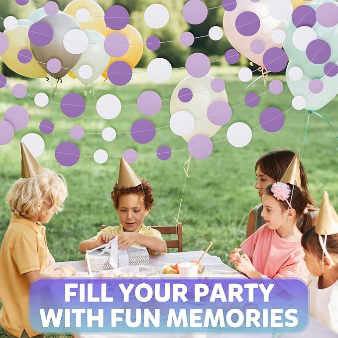 52FT Party Garlands, Paper Garland Circle Dots, Hanging Circle Banner Decorations for Birthday, Party, Wedding, Baby Shower, Graduations, Christmas, Wall Decor (Purple White Garlands)