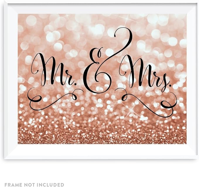 Andaz Press Wedding Party Signs, Glitzy Rose Gold Glitter, 8.5x11-inch, Mr. & Mrs., 1-Pack, Bokeh Colored Party Supplies