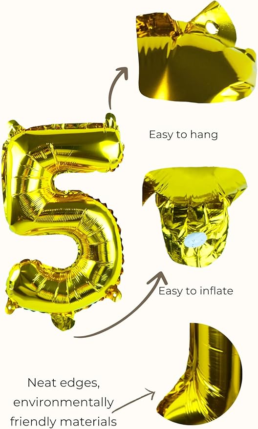 Gold Number “5”Balloons 16 Inch, Mylar Foil Custom Single Letter, Hanging, Reusable for girls boys adults Birthday,Surprise,Wedding, Celebration, Sports Party Event Decoration Supplies