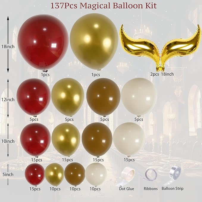 137PCS Magical Balloon Arch Garland Kit, Burgundy Gold Brown White Balloons with Golden S-Wing Foil Balloons, for Magic Birthday Party Decorations, Baby Showers, and Fantasy-Themed Parties