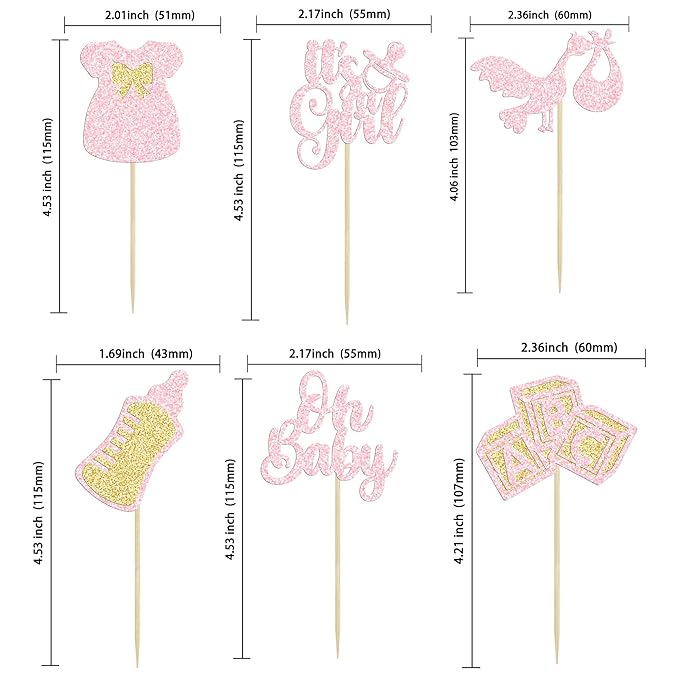 Gyufise 24Pcs Baby Shower Cake Topper, Light Pink, Baby Girl Themed Cupcake Picks for Gender Reveal, Birthday Party Supplies