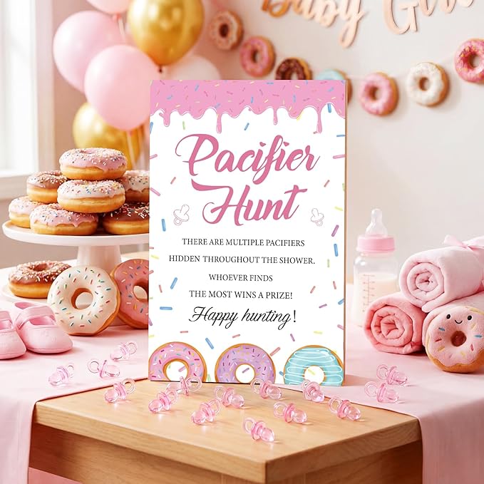 Thyle 51 Pcs Donut Baby Sprinkle Decoration Pacifier Hunt Sprinkled with Love Donut Baby Shower Games Pink Themed Hunt Sign and 50 Acrylic Pacifiers Sets for Gender Reveal Party Favors Guest Supplies