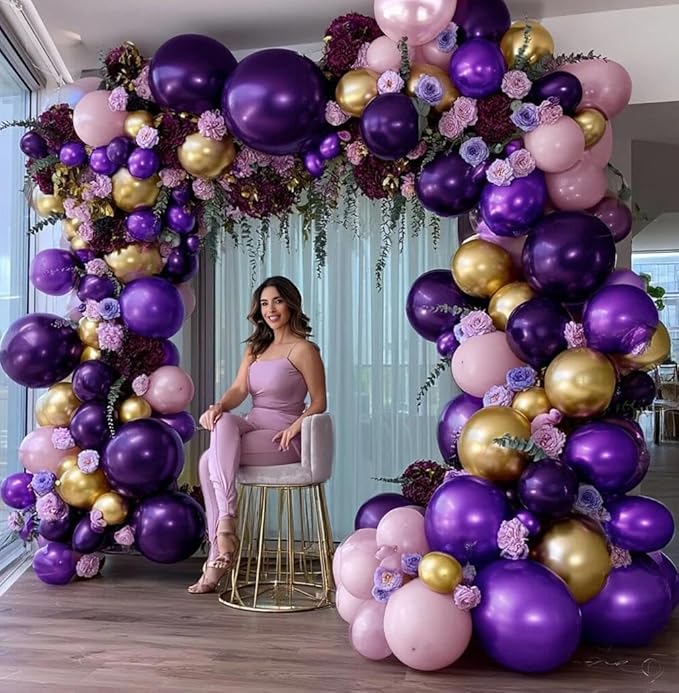 Purple and Gold Balloons Double Stuffed Royal Purple Pink Balloon Garland Kit with Artificial Flowers Balloon Arch for Sweet 16, Bridal Shower and Birthday Decoration