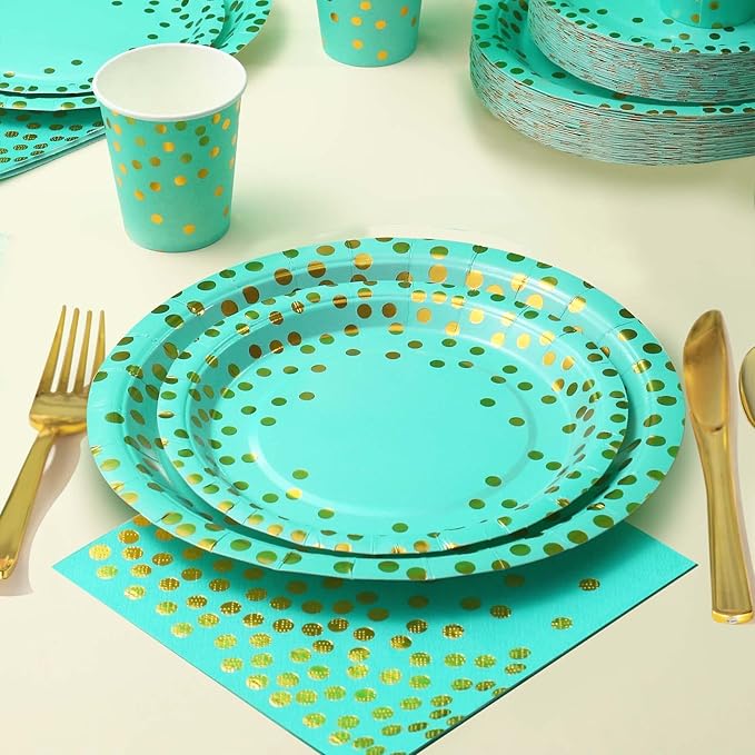 168PCS Teal Party Plates and Cups and Napkins sets,Teal Paper Plates Party Supplies Bulk with Gold Cutlery Serve 24 Guests for Bridal Shower Birthday Wedding Decorations