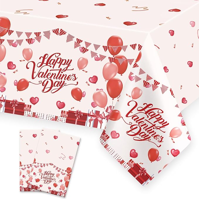 2 PCS Valentine Tablecloth(54x108 Inch) Plastic Valentines Day Table Cover Cloth Tablecloths for Valentines Party Favors Supplies Decorations Galentines Home Kitchen Desk Decor Backdrop Photo Props