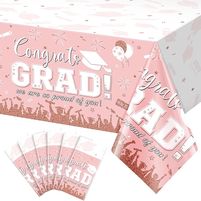 6 Pack Graduation Tablecloth Party Decorations, Class of 2026 Congrats Grad Plastic Tablecover Party Supplies, Pink Rectangle Graduation Table Decorations for College High School Party, 54 x 108 Inch