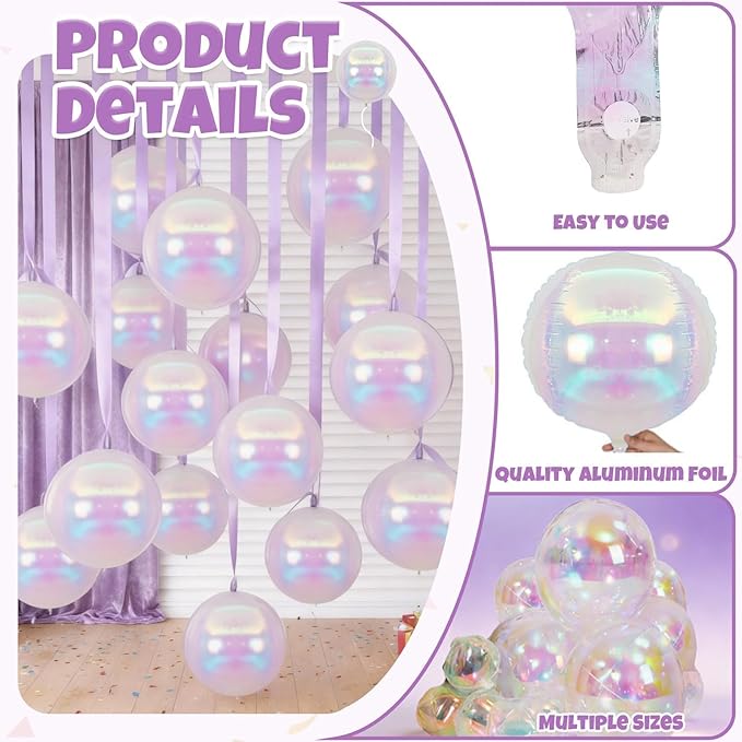 Biapian 12 Pcs Iridescent Foil Balloons, 22" 15" 10" 4D Clear Ball Shape Balloons, Different Size Holographic Balloons Transparent for Little Mermaid Birthday Wedding Sea Baby Shower Party decorations