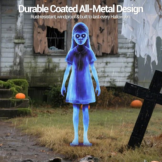 Scary Girl Ghost Courtyard Decoration for Halloween Outdoor, 2PCS Spooky Halloween Ghost Twins Yard Signs with Stakes, 16" Waterproof Iron Creepy Twins Lawn Signs Ground Stakes for Home Outside Decor