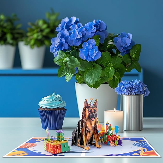 German Shepherd Dog Pop Up Happy Birthday Greeting Card, ideal love Gift for Adult and Kid with Blank Note & Envelope, Foldable Celebration for Daughter, Son, Mom, Dad, Friend, Children